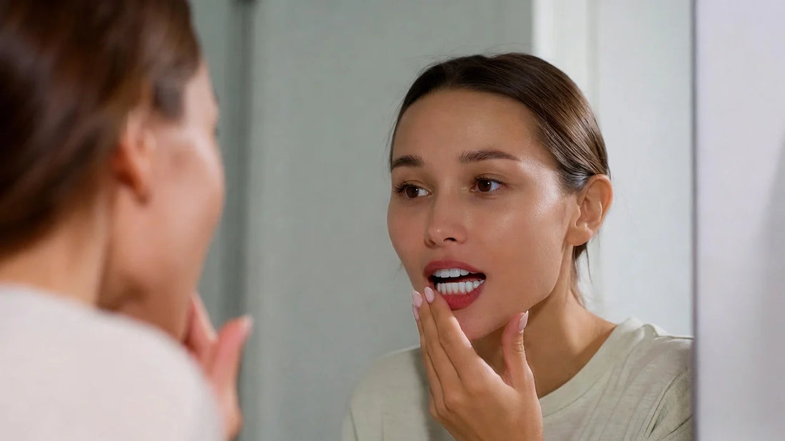 Person looking at teeth in mirror, slightly concerned expression, clean lighting