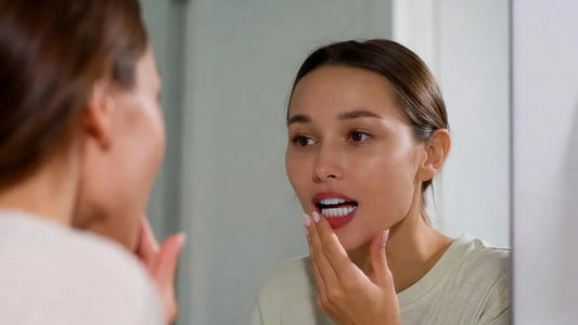 Person looking at teeth in mirror, slightly concerned expression, clean lighting